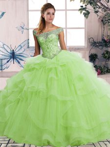 Off The Shoulder Sleeveless Lace Up Quinceanera Gown Yellow Green Tulle