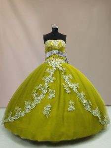 High End Appliques Quinceanera Dresses Olive Green Lace Up Sleeveless Floor Length