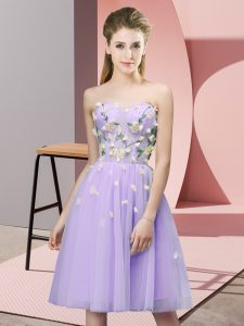 Lavender Empire Appliques Dama Dress for Quinceanera Lace Up Tulle Sleeveless Knee Length