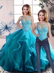 Suitable Aqua Blue Lace Up Quinceanera Dresses Beading and Ruffles Sleeveless Floor Length