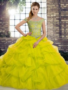 Brush Train Ball Gowns Sweet 16 Dress Yellow Green Off The Shoulder Tulle Sleeveless Lace Up