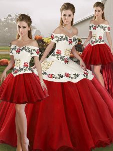 White And Red Ball Gowns Organza Off The Shoulder Sleeveless Embroidery Floor Length Lace Up 15th Birthday Dress