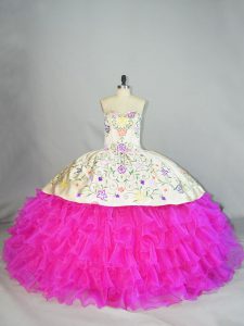 Fuchsia Ball Gowns Embroidery and Ruffled Layers 15th Birthday Dress Lace Up Organza Sleeveless