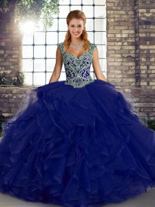 Custom Design Tulle Straps Sleeveless Lace Up Beading and Ruffles 15th Birthday Dress in Purple