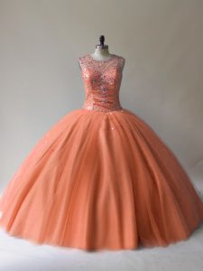 Ideal Orange Ball Gowns Beading Quinceanera Gowns Lace Up Tulle Sleeveless Floor Length