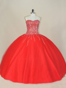 Sleeveless Floor Length Beading Lace Up Vestidos de Quinceanera with Red