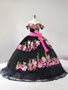 New Arrival Off The Shoulder Sleeveless Sweet 16 Dress Brush Train Embroidery Black Tulle