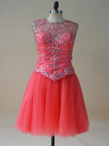 Mini Length Coral Red Prom Dresses Scoop Sleeveless Lace Up