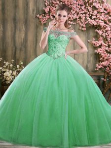 Green Ball Gowns Tulle Off The Shoulder Sleeveless Beading Floor Length Lace Up Quinceanera Dresses