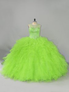 Adorable Lace Up Scoop Beading and Ruffles Quinceanera Gowns Tulle Sleeveless