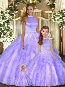 Hot Sale Lavender Tulle Backless Sweet 16 Dress Sleeveless Floor Length Beading and Ruffles