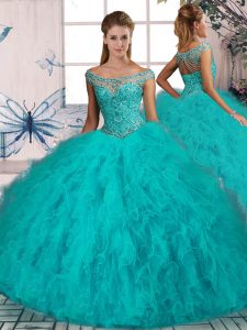 Aqua Blue Off The Shoulder Neckline Beading and Ruffles Vestidos de Quinceanera Sleeveless Lace Up