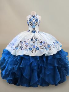 Traditional Floor Length Lace Up Quinceanera Gown Blue And White for Sweet 16 and Quinceanera with Embroidery and Ruffles