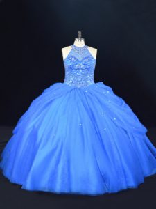 Sumptuous Blue Ball Gowns Halter Top Sleeveless Tulle Floor Length Lace Up Beading Sweet 16 Quinceanera Dress