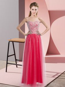 Floor Length Lace Up Prom Dresses Coral Red for Prom and Party with Beading