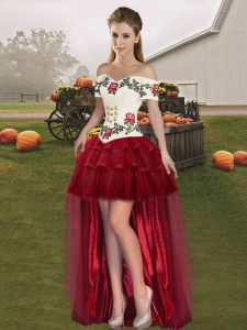 Pretty Off The Shoulder Sleeveless Lace Up Wine Red Organza