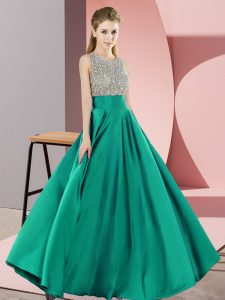 Scoop Sleeveless Backless Prom Party Dress Turquoise Elastic Woven Satin