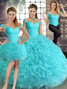 Customized Aqua Blue Three Pieces Off The Shoulder Sleeveless Fabric With Rolling Flowers Floor Length Lace Up Beading Quince Ball Gowns