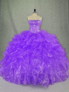 Purple Ball Gown Prom Dress Sweet 16 and Quinceanera with Beading and Ruffles Strapless Sleeveless Lace Up