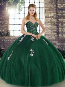 Green Sweetheart Lace Up Beading and Appliques Quinceanera Dress Sleeveless