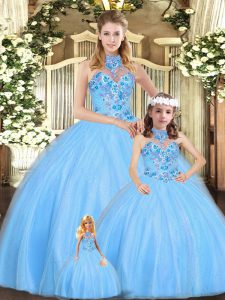 Enchanting Sleeveless Floor Length Embroidery Lace Up 15 Quinceanera Dress with Baby Blue