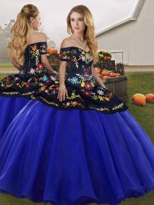 Sumptuous Royal Blue Ball Gowns Tulle Off The Shoulder Sleeveless Embroidery Floor Length Lace Up Quinceanera Dress