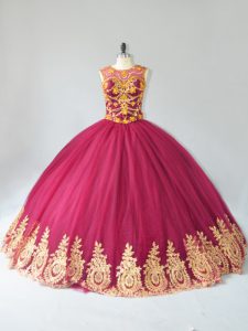 Floor Length Burgundy Quinceanera Dress Tulle Sleeveless Appliques