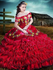 Embroidery and Ruffles 15 Quinceanera Dress Red Lace Up Sleeveless Floor Length