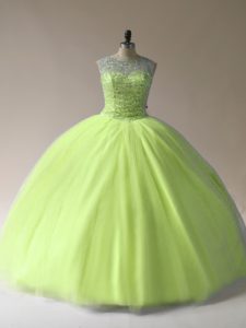 Yellow Green Ball Gowns Tulle Scoop Sleeveless Beading Floor Length Lace Up Vestidos de Quinceanera