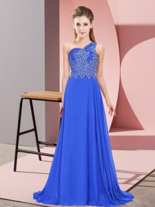 Blue Empire One Shoulder Sleeveless Chiffon Floor Length Side Zipper Beading Prom Dress