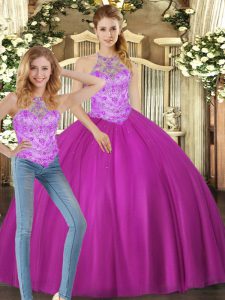 Fuchsia Ball Gowns Tulle Halter Top Sleeveless Beading Floor Length Lace Up 15 Quinceanera Dress
