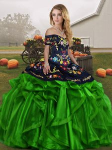 Green Ball Gowns Embroidery and Ruffles Sweet 16 Dress Lace Up Organza Sleeveless Floor Length