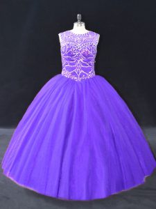 Floor Length Purple Quinceanera Gowns Tulle Sleeveless Beading
