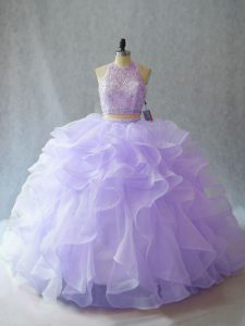 Decent Lavender Quinceanera Gown Organza Brush Train Sleeveless Beading and Ruffles