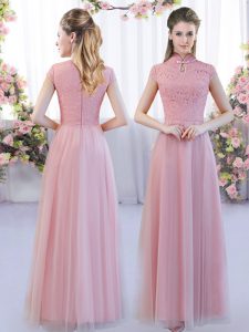 Floor Length Pink Quinceanera Dama Dress High-neck Cap Sleeves Zipper