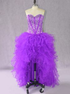 Designer A-line Prom Dresses Purple Sweetheart Organza Sleeveless High Low Lace Up