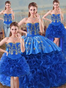 Popular Sweetheart Sleeveless Lace Up Ball Gown Prom Dress Royal Blue Fabric With Rolling Flowers