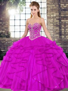 Ball Gowns Sweet 16 Dresses Fuchsia Sweetheart Tulle Sleeveless Floor Length Lace Up
