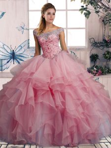 Off The Shoulder Sleeveless Lace Up Ball Gown Prom Dress Watermelon Red Organza