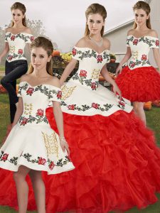 Designer White And Red Sleeveless Floor Length Embroidery and Ruffles Lace Up Sweet 16 Dresses