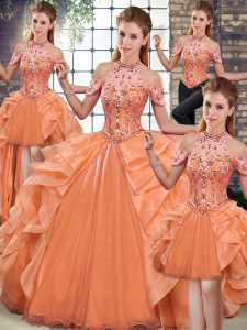 Orange Lace Up Halter Top Beading and Ruffles Sweet 16 Dress Organza Sleeveless