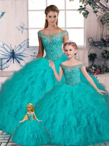 Luxurious Aqua Blue Lace Up Sweet 16 Dress Beading and Ruffles Sleeveless Brush Train