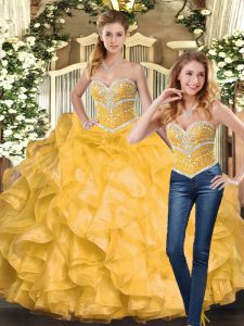 On Sale Ball Gowns Quinceanera Gowns Gold Sweetheart Organza Sleeveless Floor Length Lace Up
