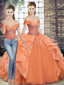 Orange Off The Shoulder Neckline Beading and Ruffles Sweet 16 Dress Sleeveless Lace Up