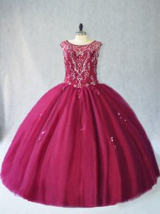 Hot Sale Burgundy Sleeveless Floor Length Beading Lace Up Quinceanera Gown