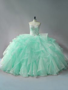 Captivating Organza Sweetheart Sleeveless Court Train Lace Up Beading and Ruffles Quinceanera Gown in Apple Green