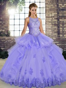 Scoop Sleeveless Tulle Quinceanera Dresses Lace and Embroidery and Ruffles Lace Up