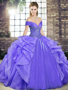 Lavender Off The Shoulder Lace Up Beading and Ruffles Sweet 16 Quinceanera Dress Sleeveless