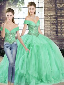 Floor Length Apple Green Quinceanera Gown Tulle Sleeveless Beading and Ruffles