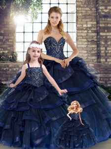 Navy Blue Ball Gowns Sweetheart Sleeveless Tulle Floor Length Lace Up Beading and Ruffles Quince Ball Gowns
